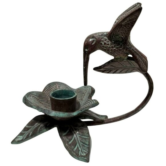 Bronze Hummingbird & Flower Sculpture Candle Holder Bird Floral Leaves Verdigris - Picture 14 of 14